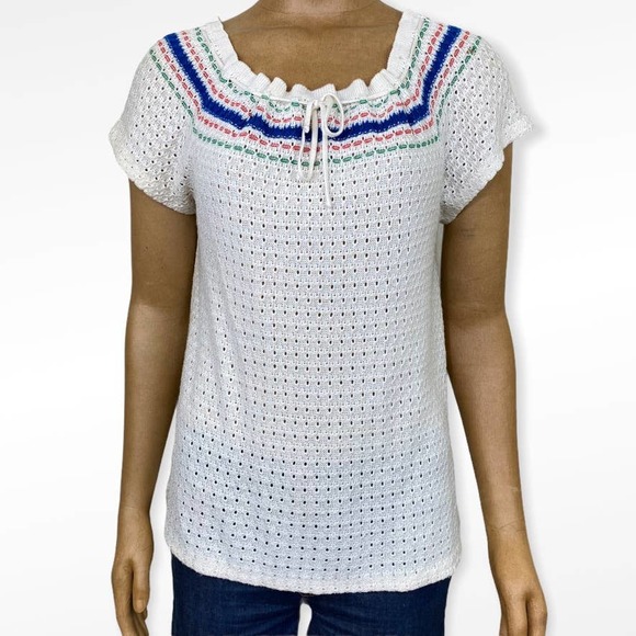 Vintage Crocheted Peasant Blouse Short Sleeve Knit Top - Picture 1 of 11